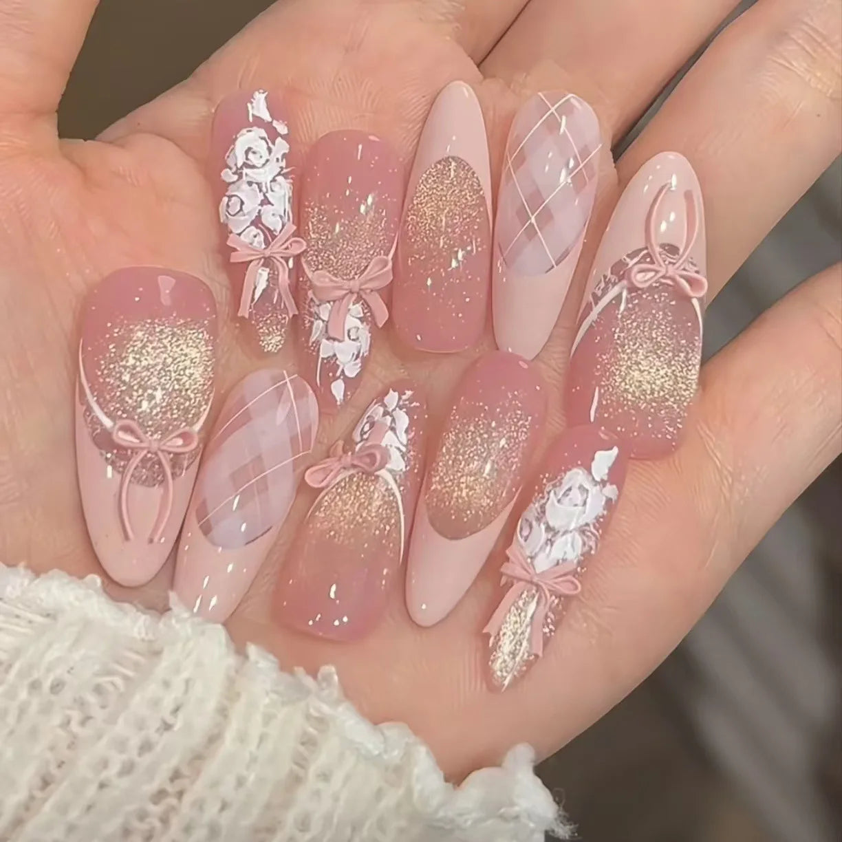 10pcs Handmade Almond Press On Nails Gradient Cat Eye Pink French Fake Nail Bow Design Full Cover Nail Tips Wearable False Nail