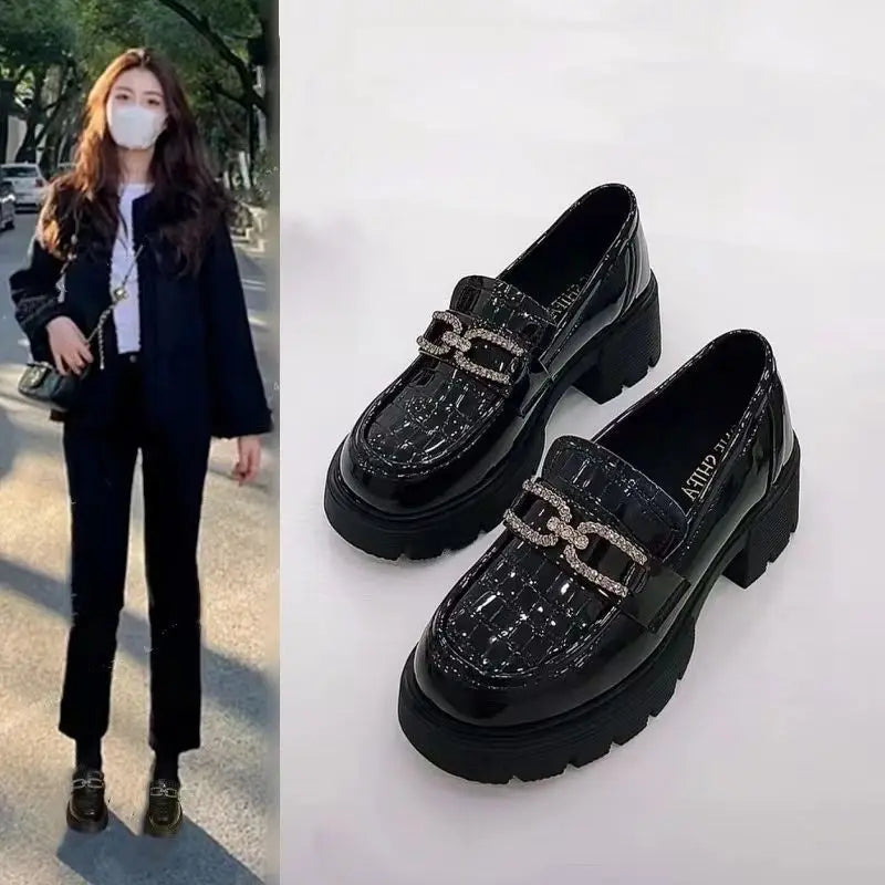 Woman Pumps Loafers Cute Kawaii Platform Shoes For Women Fashion Leather Casual Block Heel Round Toe Chunky Heels Popular Shoe A