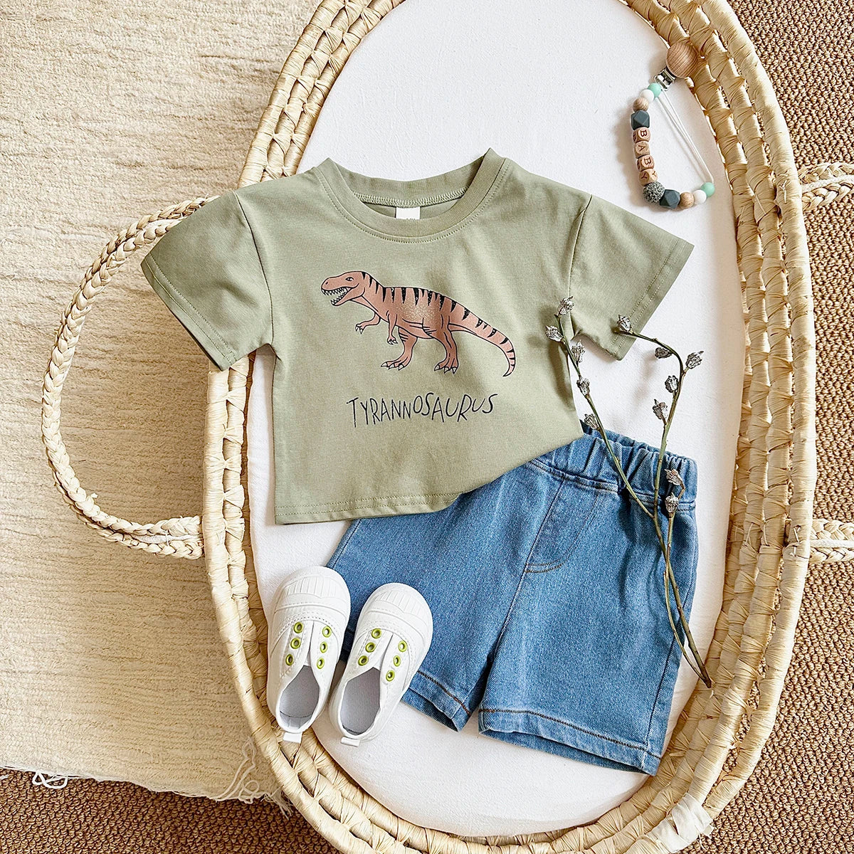 Summer Newborn Baby Boys Clothing Set Dinosaur Print Short Sleeved 2Pcs Casual Denim Shorts Overall Suit Toddler Boys Outfit