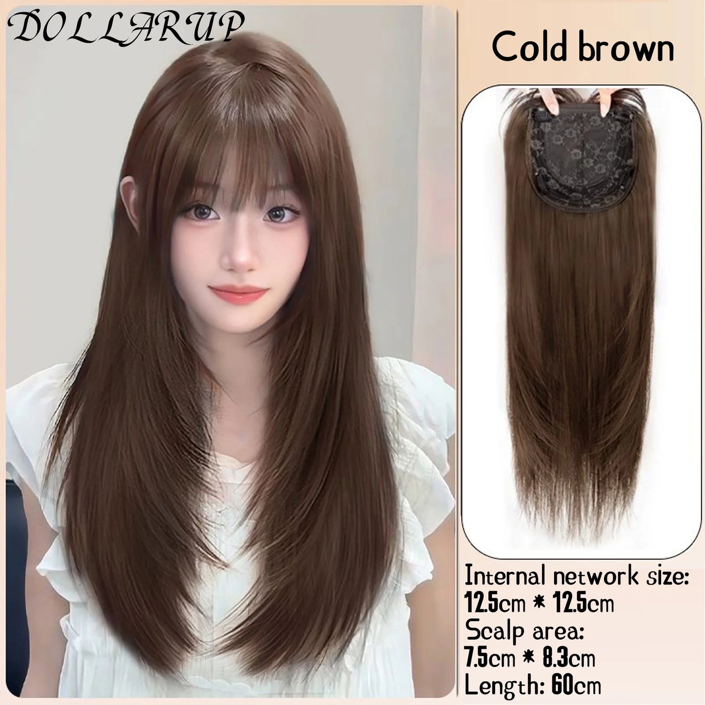 DOLLARUP Hair Toppers with Bangs for Women Synthetic 12.5x12.5 Top Hairpieces Wigs Long Striaght Clip in Hair Extension