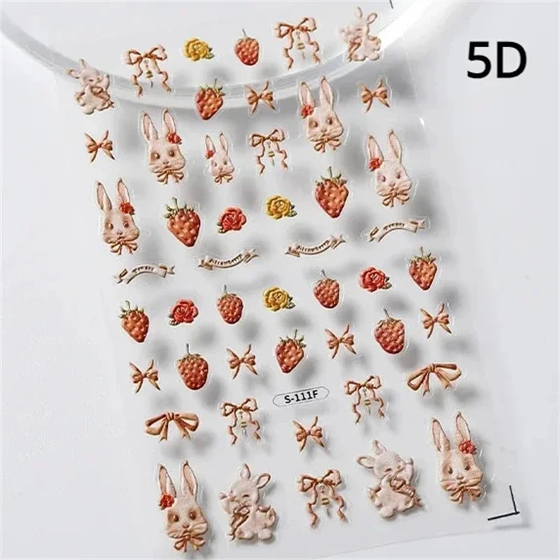Noble Rococo Bunny Girl Pearl Butterfly Easter Egg Rabbit Soft Relief Self Adhesive 5D Nail Art Decoration Sticker 3D Nail Decal