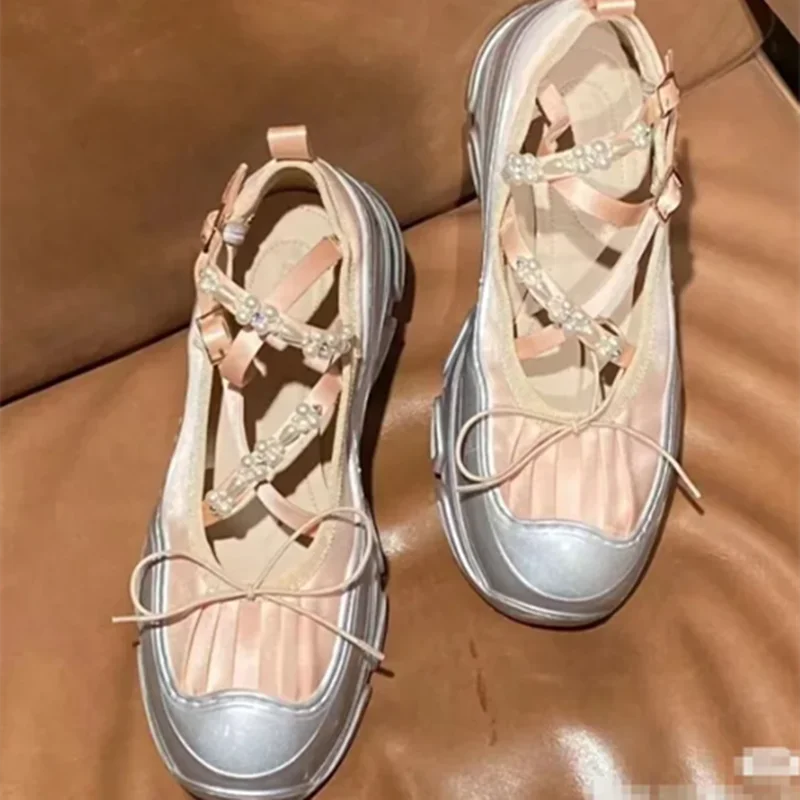 String Bead Butterfly-Knot Breathable Women Sneakers Lace-Up Thick Bottom Hand-made Ladies Shoes Casual Fashion Tenis De Mujer