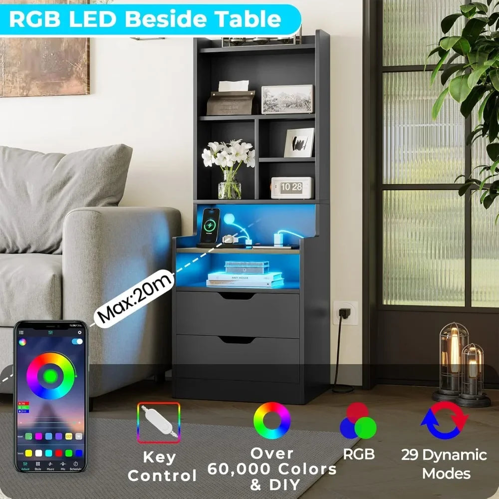 Charging Nightstand Set of 2 with LED Lights,Tall Night Stand with Bookshelf,Bedside Table with Drawers,Black Side Tables
