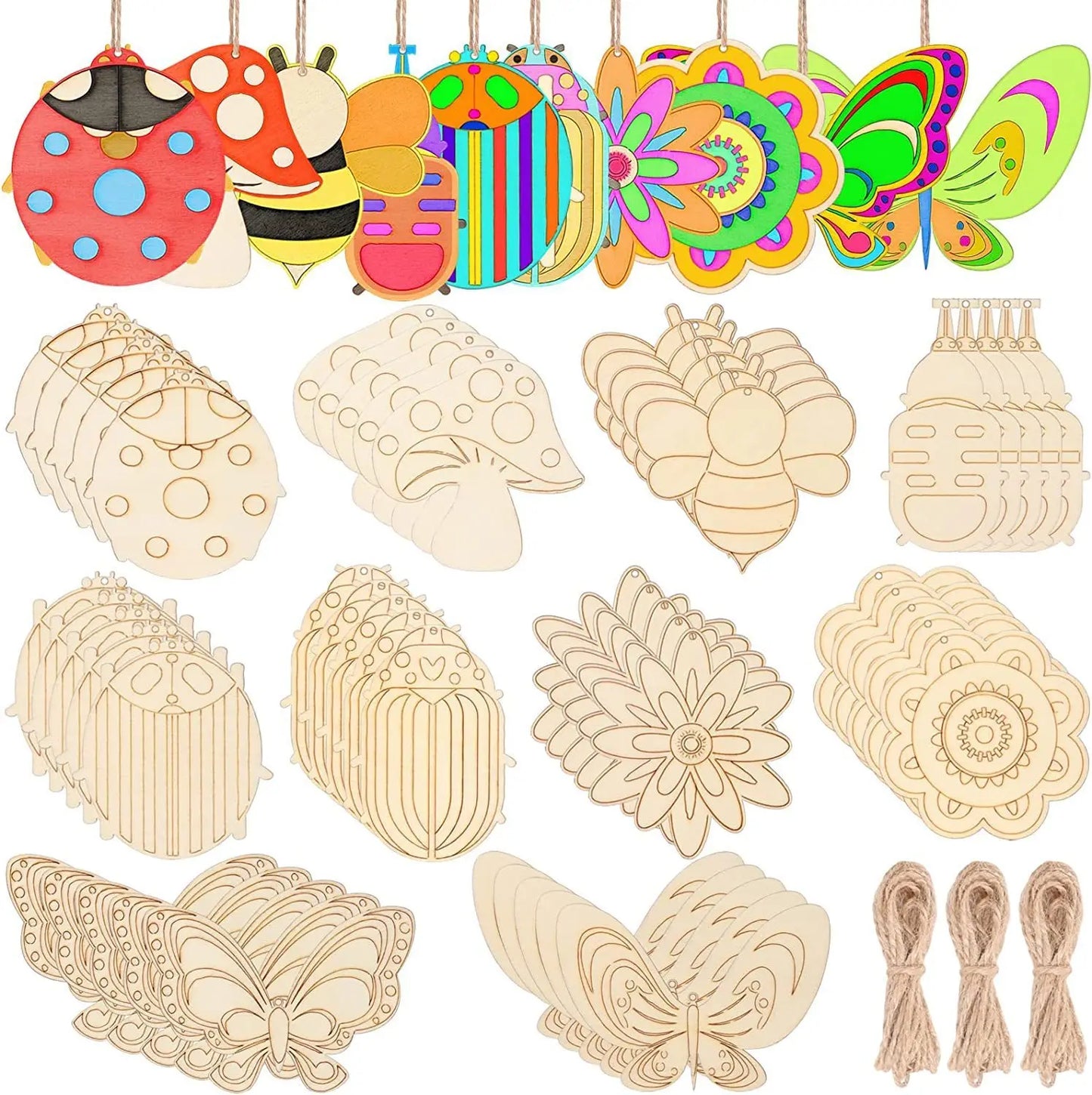 10pcs/set Easter Spring Wooden Ornament Insect Flower Hanging Pendants 2024 Spring Home Decorations DIY Gifts Wrapping Supplies
