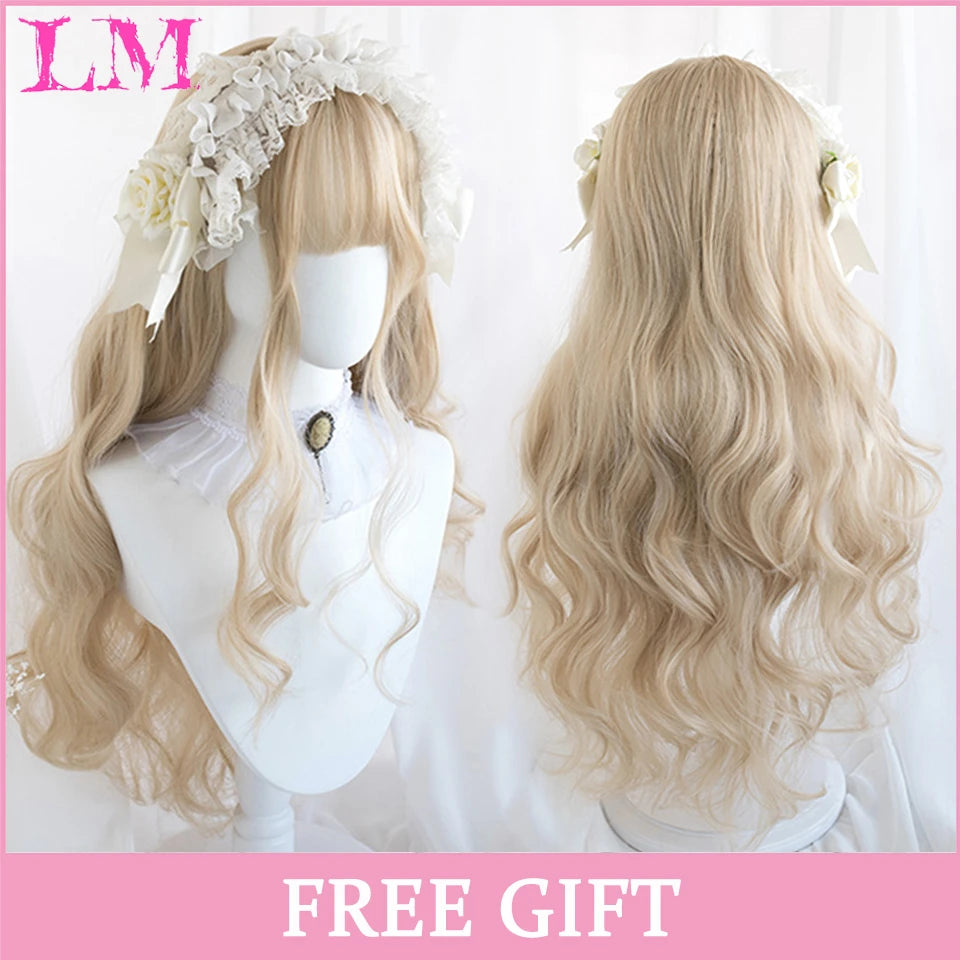 LM White Ombre Black Synthetic Wig for Women Long Curly Wave Wigs with Bangs Cosplay Party Heat Resistant Hair