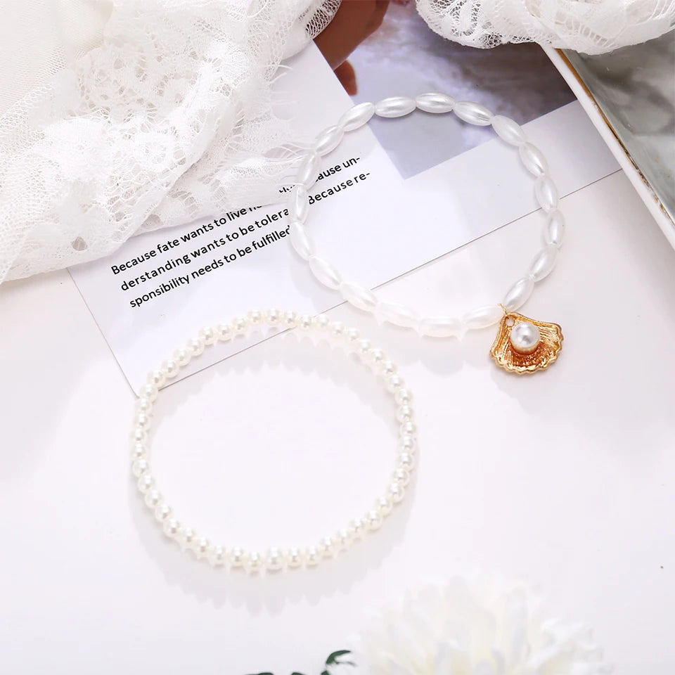 ZAKOL Simple Artificial Pearl Scallop Shell Pendant Anklet Creative Retro Footwear Beach Ankle Bracelet Accessories