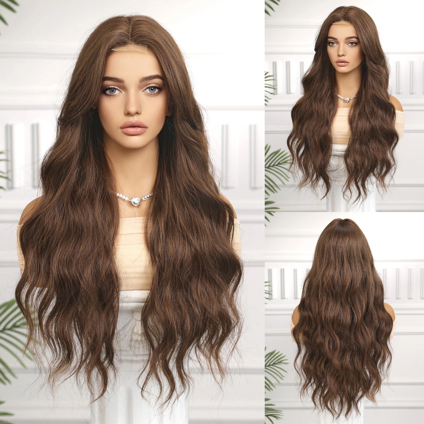 CharmSource Hairline Lace Wigs Brown Ombre Blonde Synthetic Long Wavy Wig with Long Bangs for Women Cosplay High Density Hair
