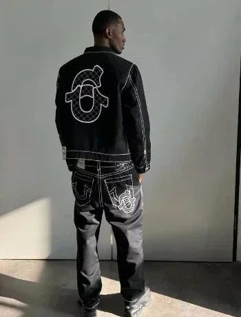 High street gothic y2k hip-hop pocket straight wide leg couple jeans retro embroidered zipper denim jacket two-piece set for men