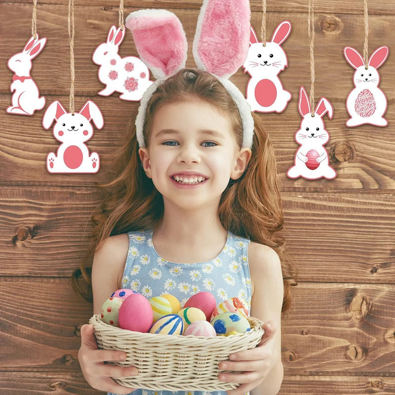 6/12Pcs Easter Wooden Bunny Pendants Blank Rabbit Wood Chips Kids Easter Party DIY Painting Crafts Gift Home Hanging Decoration
