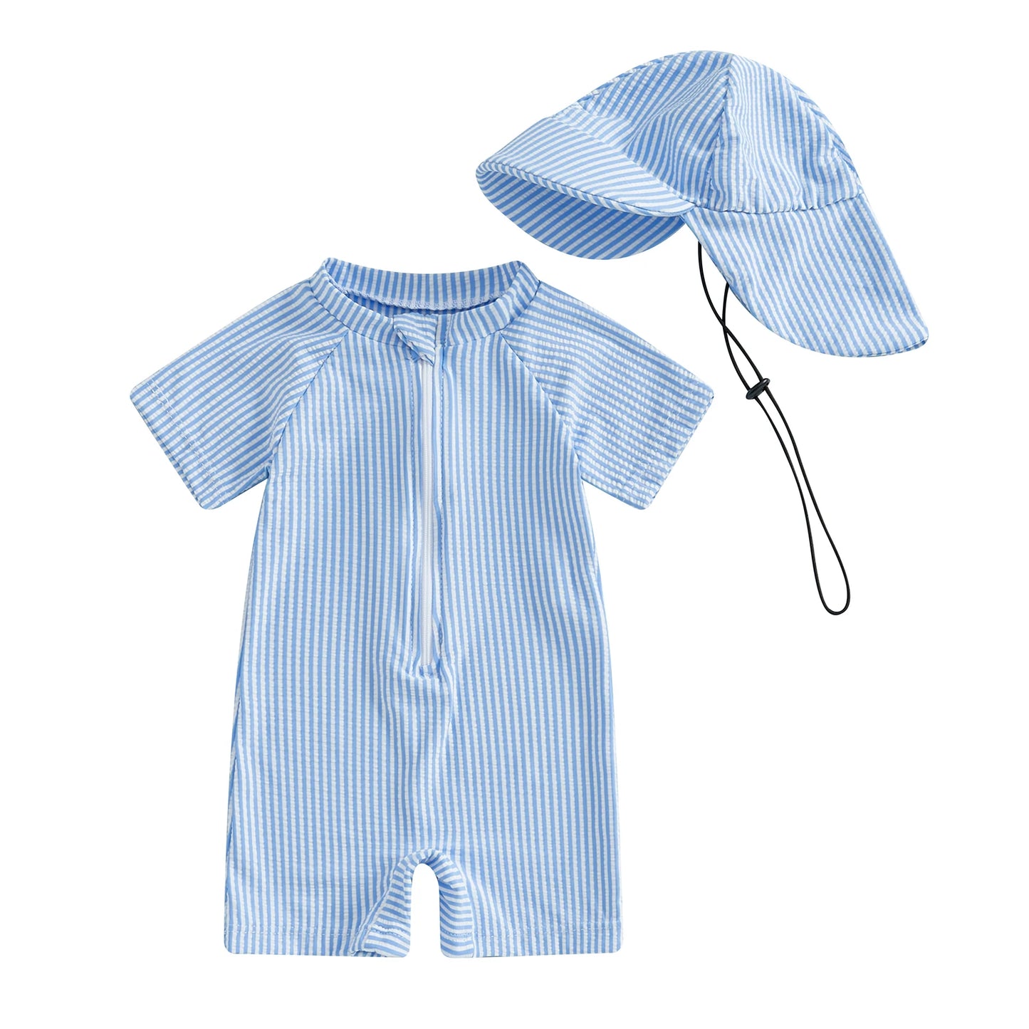 MISOWMNJOY Baby Girl Boy Swimsuit Summer New Stripe Print Kids Beachwear Short Sleeve Half Zipper Rash Guard Swimwear Sunhat Set