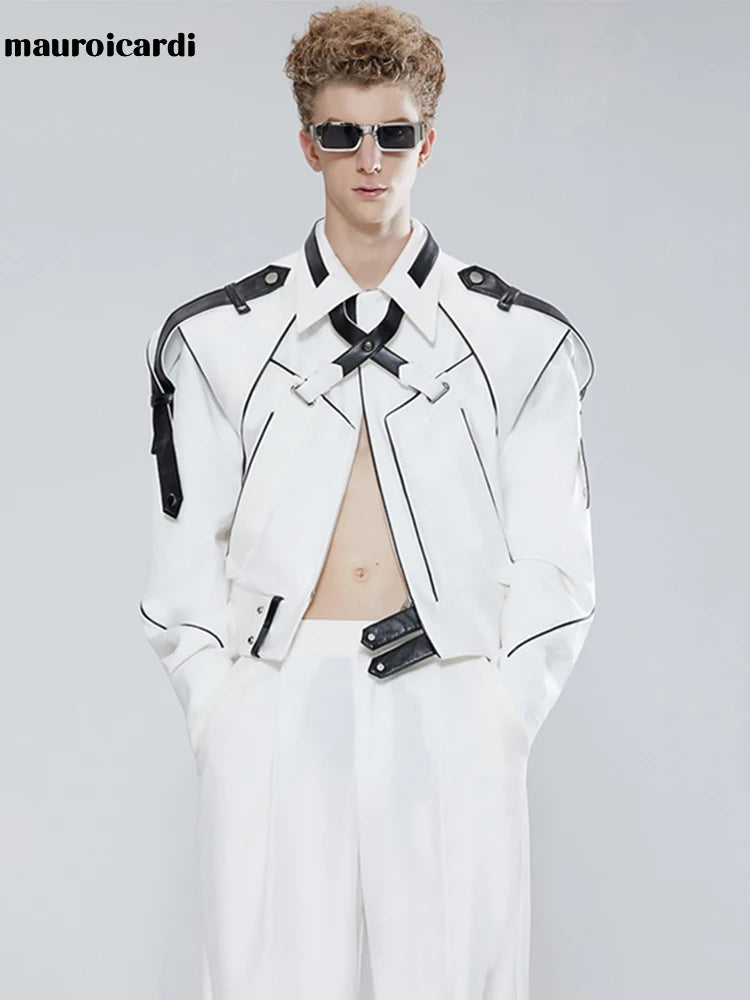 Mauroicardi Spring Autumn Short Patchwork Leather Jackets for Men Long Sleeve Runway Cool Luxury Designer Clothes Fashion 2022
