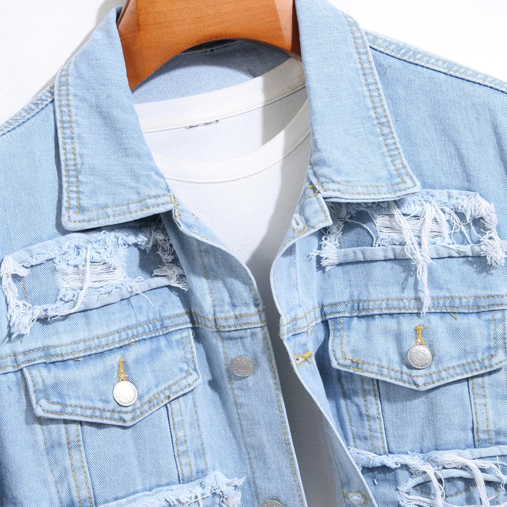 Stylish Street Men Distressed Stacked Splicing Slim Denim Jacket Ripped Male Casual Jean Jacket Coat