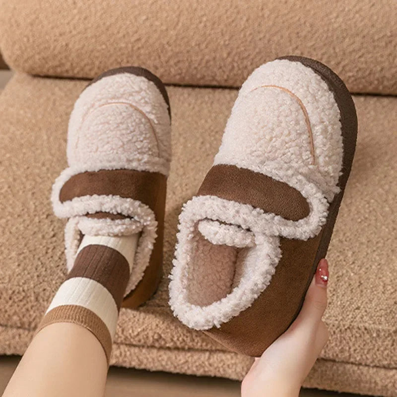 Autumn Winter Women Boots Brown Flannel Plush Warm Home Cotton Shoes Outdoor Platform Snow Boots Soft Sole Household Slippers