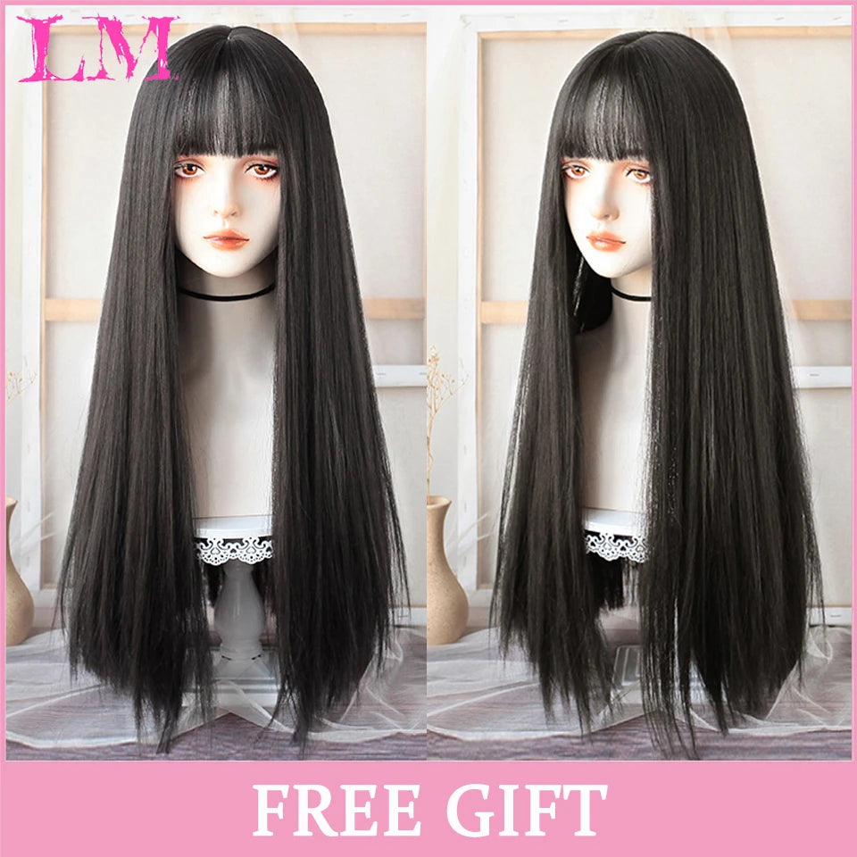 LM White Ombre Black Synthetic Wig for Women Long Curly Wave Wigs with Bangs Cosplay Party Heat Resistant Hair