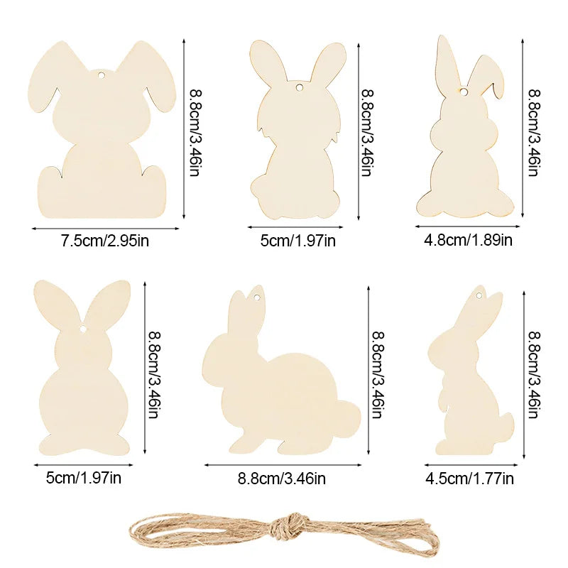 6/12Pcs Easter Wooden Bunny Pendants Blank Rabbit Wood Chips Kids Easter Party DIY Painting Crafts Gift Home Hanging Decoration