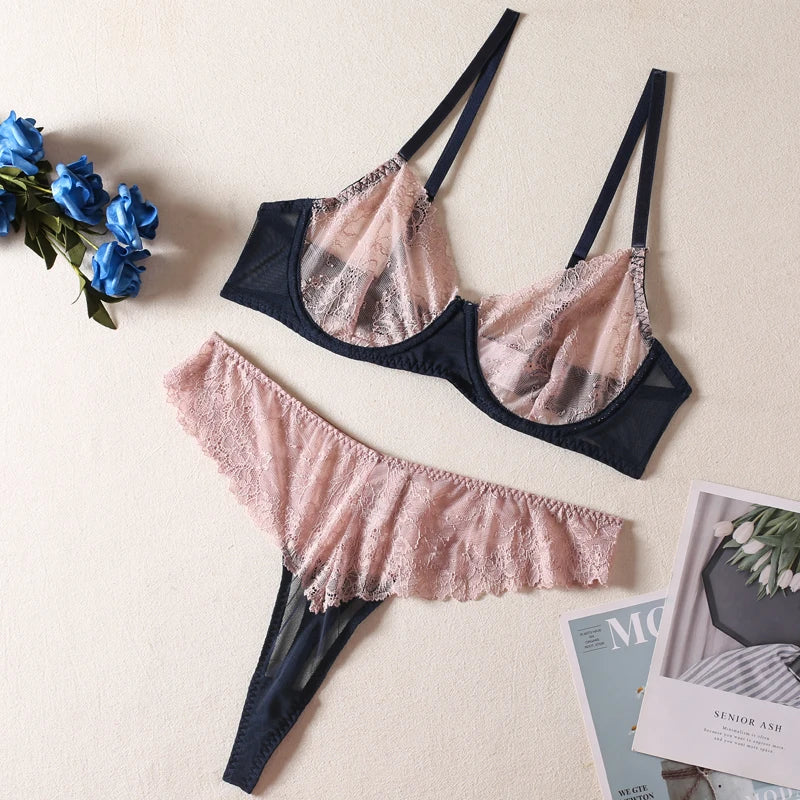 HIMEALAVO Sexy Lingerie Seamless Bra Sheer Lace Underwear Set Women 2 Piece Contrast Color Fancy Intimate See Through Outfits