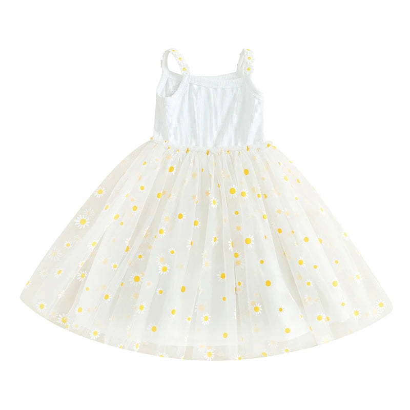 0-4Y Baby Girls Summer Dress Sling Sleeveless Daisy Print Mesh A-Line Princess Dress for Beach Party Kids Clothes