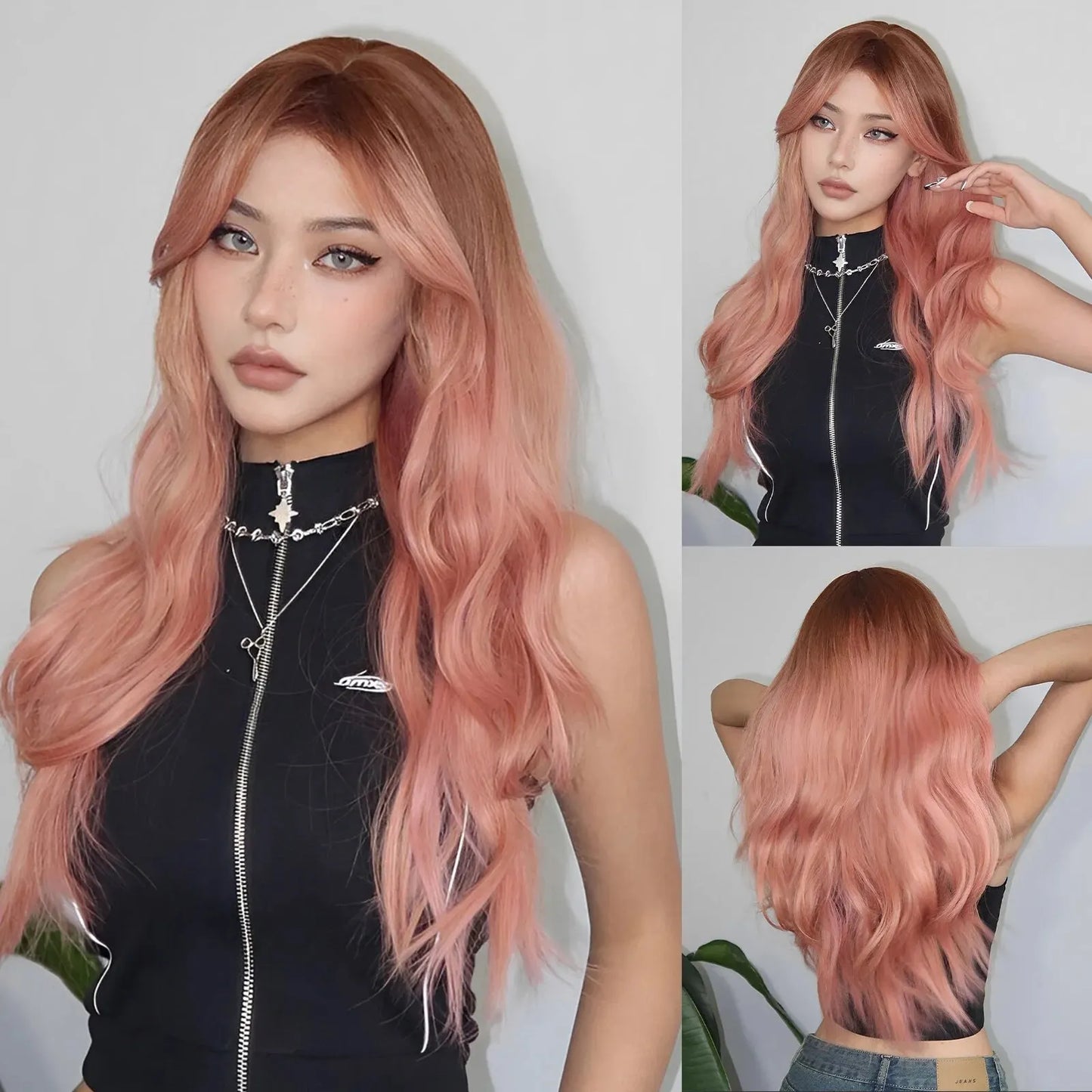 Blonde Ombre Synthetic Wigs with Long Bangs Long Curly Wavy Natural Hair Wigs for Afro Women Daily Party Heat Resistant