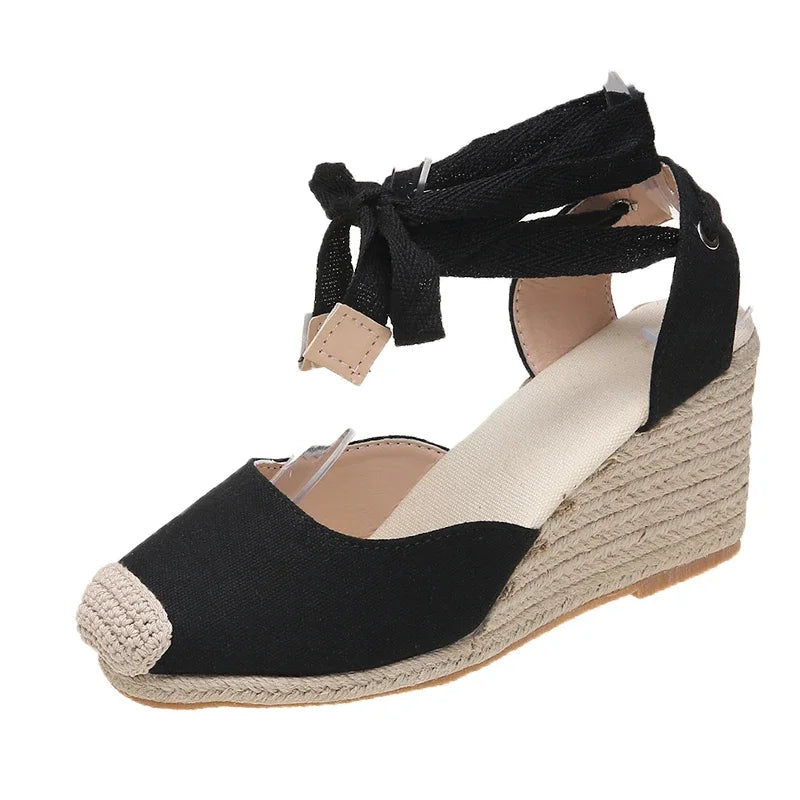 Women's Wedges Espadrilles Sandals Summer 2024 New Ankle Strap Gladiator Sandalias Woman Hemp Bottom Casual Shoes Plus Size 43