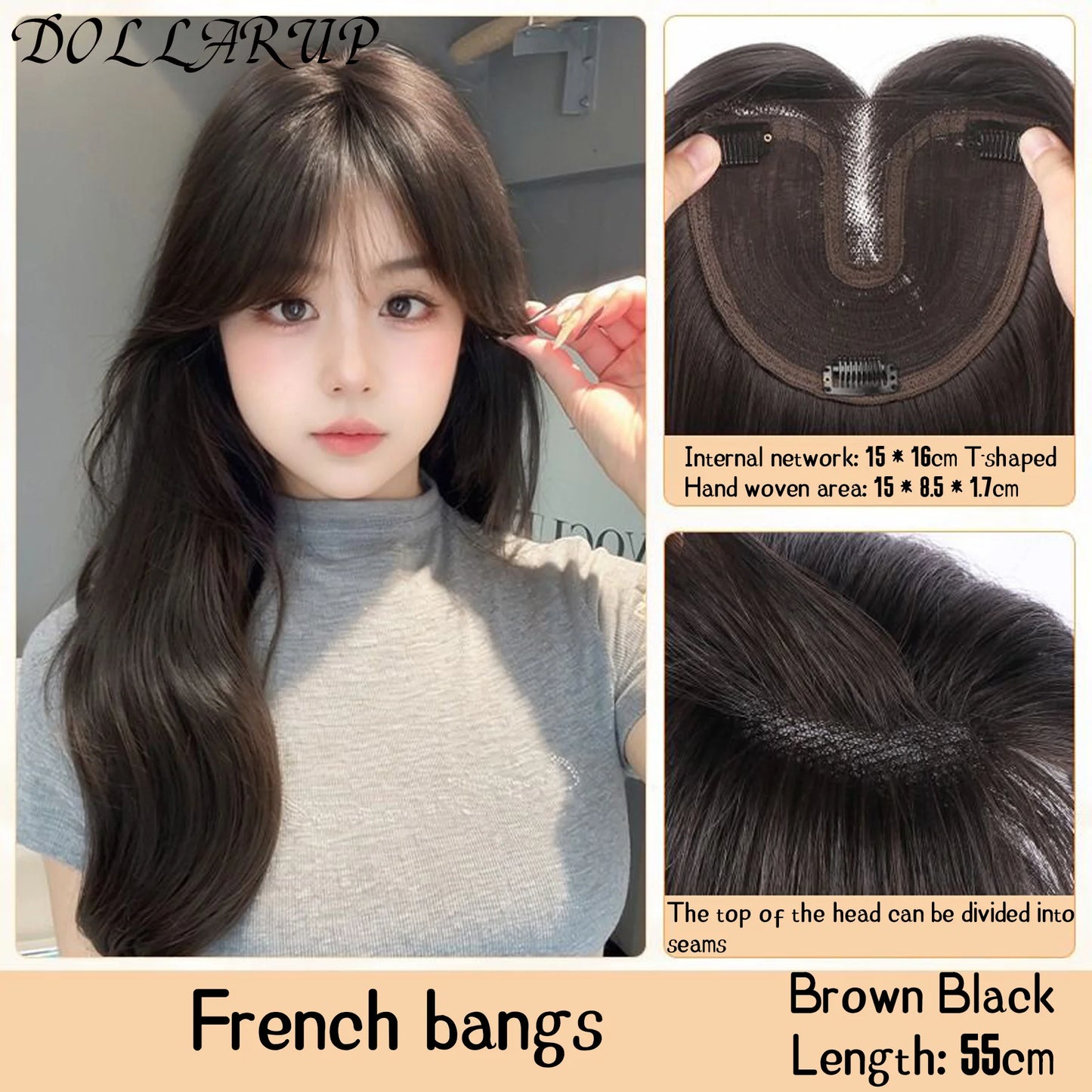DOLLARUP Hair Toppers with Bangs for Women Synthetic 12.5x12.5 Top Hairpieces Wigs Long Striaght Clip in Hair Extension