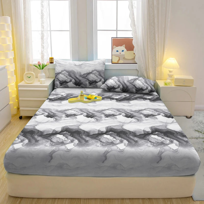 1 Simple Modern Geometry Printed Matte Fitted Sheet, Bedroom Printed Bed Cover, Bedding (Excluding Pillowcases)