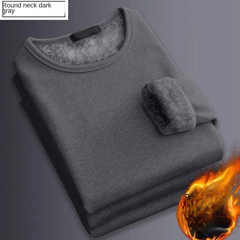 Winter Men's Long-sleeved Thermal Underwer T-Shirt Fleece Bottoming Shirt Round Neck Shirt Fashion Plus Velvet Padded T-shirt