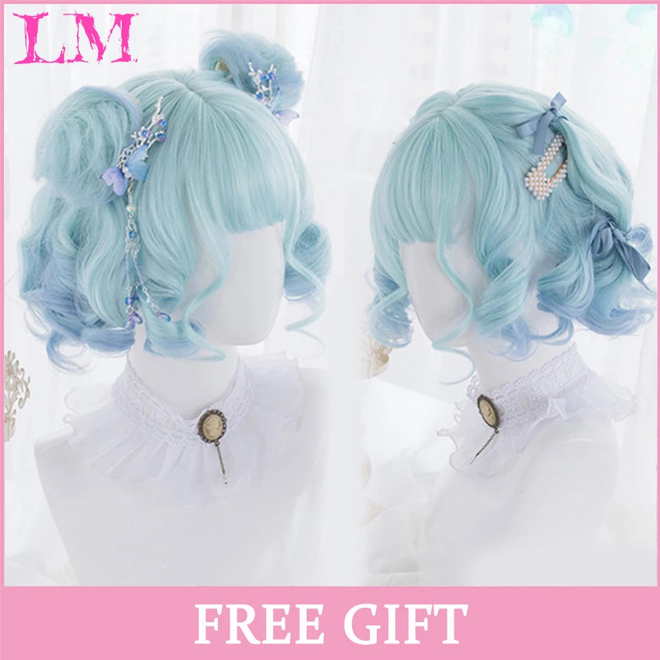 LM White Ombre Black Synthetic Wig for Women Long Curly Wave Wigs with Bangs Cosplay Party Heat Resistant Hair