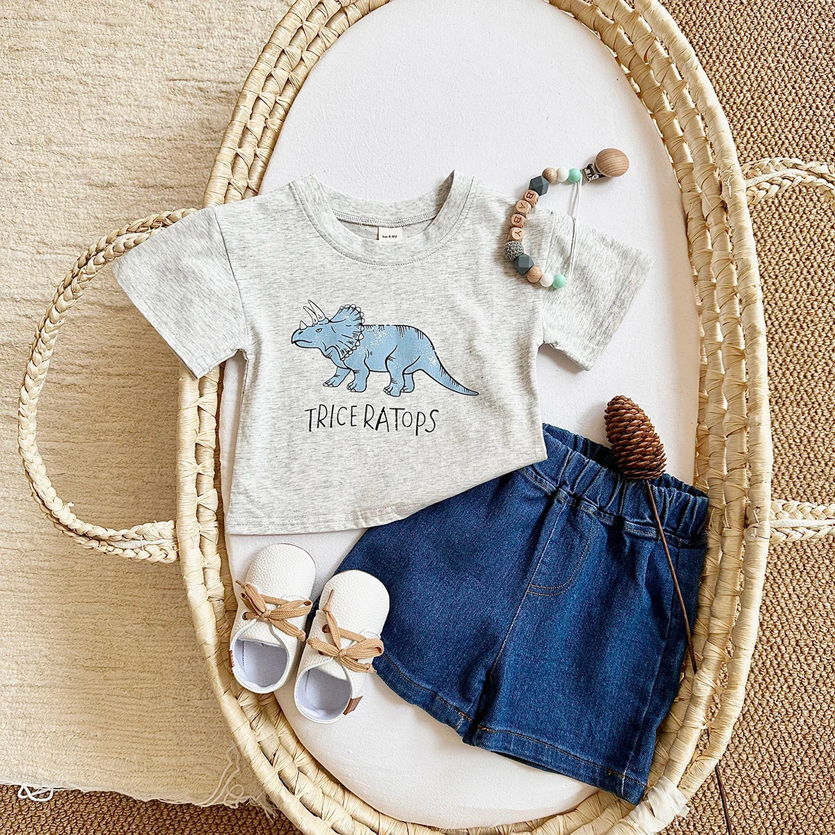Summer Newborn Baby Boys Clothing Set Dinosaur Print Short Sleeved 2Pcs Casual Denim Shorts Overall Suit Toddler Boys Outfit