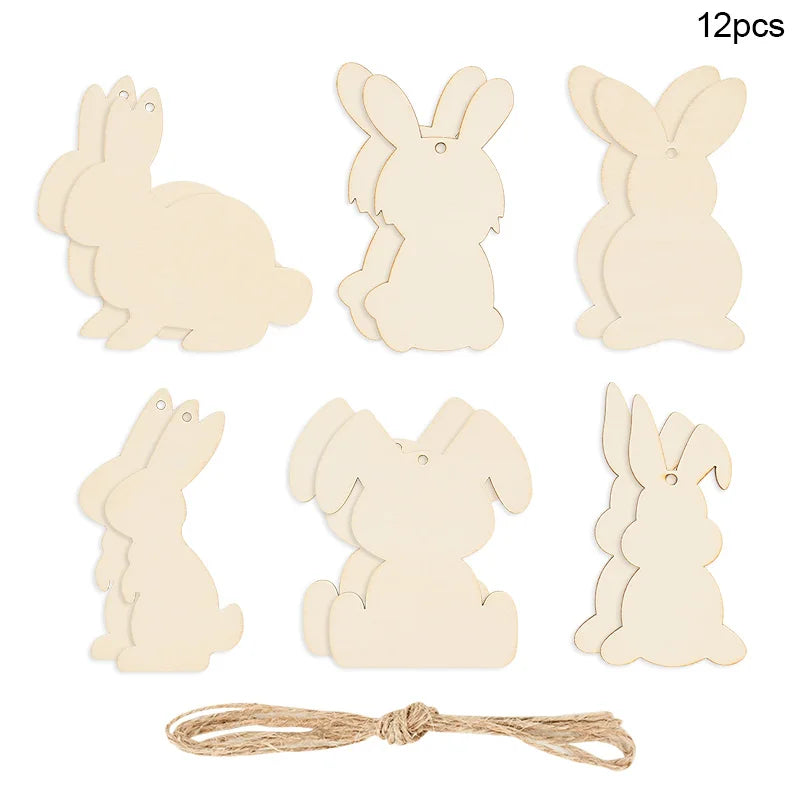 6/12Pcs Easter Wooden Bunny Pendants Blank Rabbit Wood Chips Kids Easter Party DIY Painting Crafts Gift Home Hanging Decoration