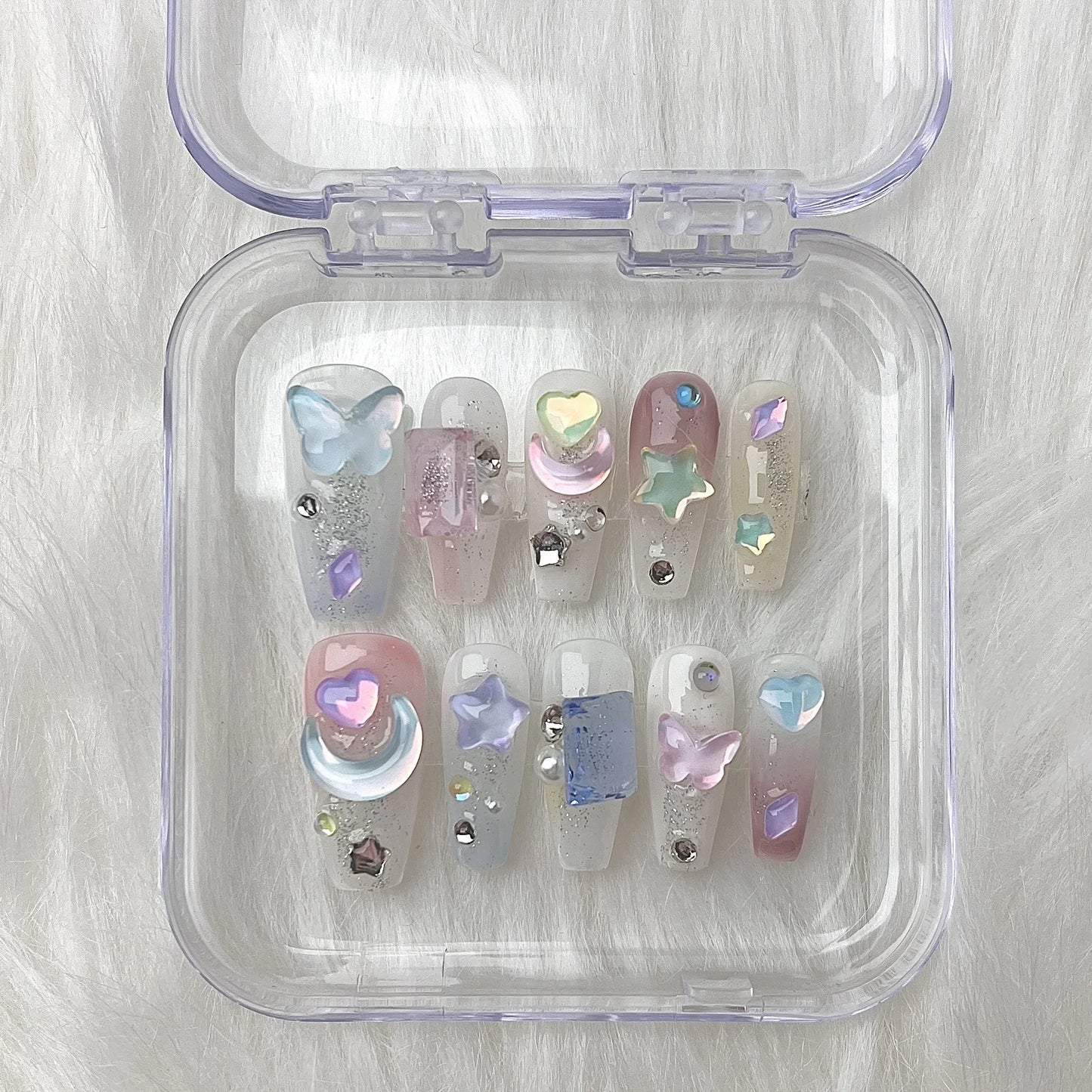 10Pcs Cute Handmade Sweets Press on Nails Ballet French Rhinestone Decoration False Nails Wearable Manicure Fake Nail Tips Art