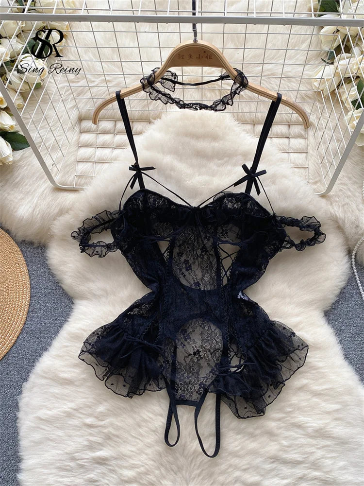 SINGREINY Lace Camis Open crotch Erotic Bodysuits Hollow Out Transparent Slim Playsuits Women Sexy Lingerie Sheer Porno Rompers
