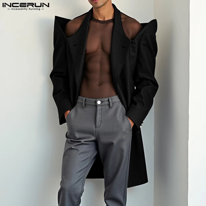 INCERUN Handsome Men's Tops Stylish Shoulder Hollow Medium Long Suit Coat Casual Clubwear Solid Personality Long Sleeved Blazer
