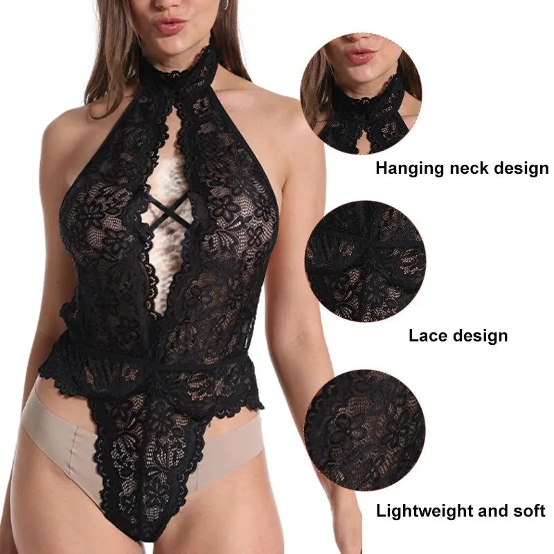 Sexy Women's Hollowed out Backless Camisole Jumpsuit Classic Sexy Lace Flower Sleeveless Sexy Lingerie