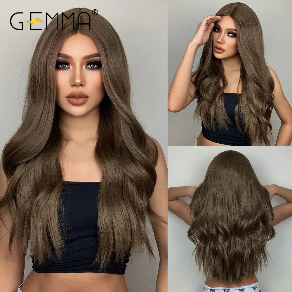 GEMMA Long Wavy Omber Brown Blonde Lace Front Wigs for Women Middle Part Lace Synthetic Wig Heat Resistant Cosplay Daily Hair