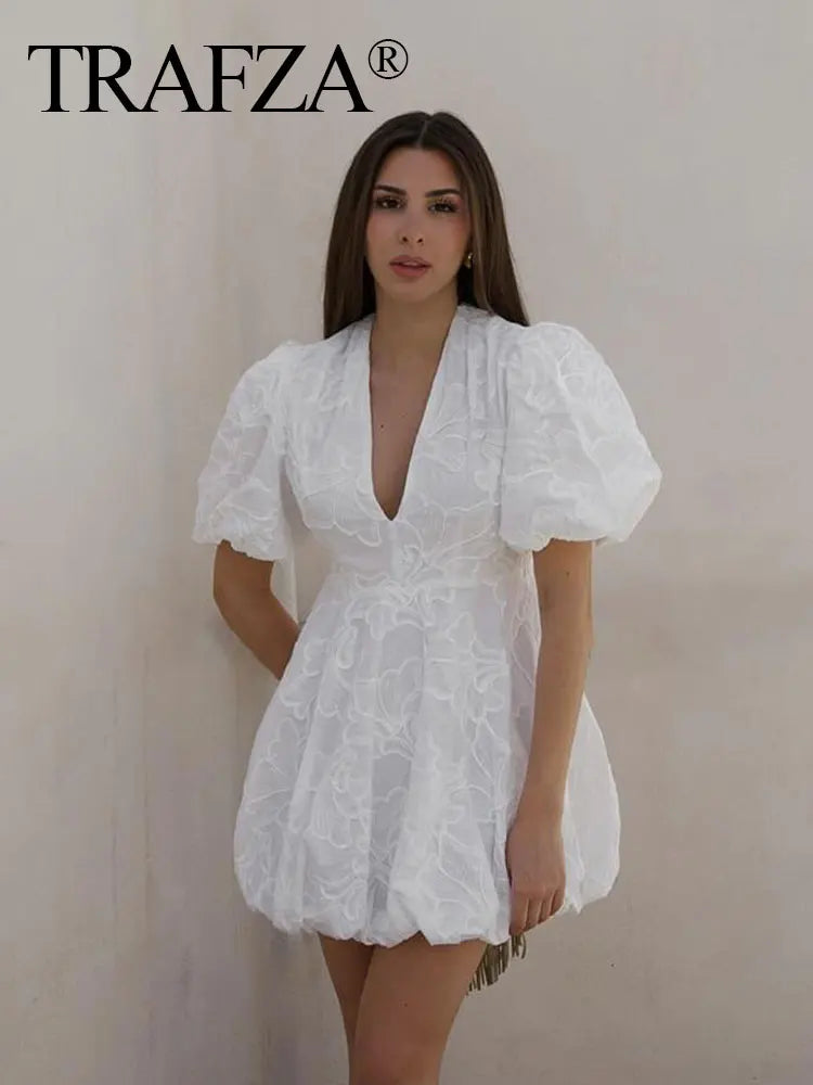 TRAFZA Women Elegant White Dress Short Sleeve V Neck Embroidered Mini Dresses 2024 Summer Female Casual Streetwear Vestidos TRAF