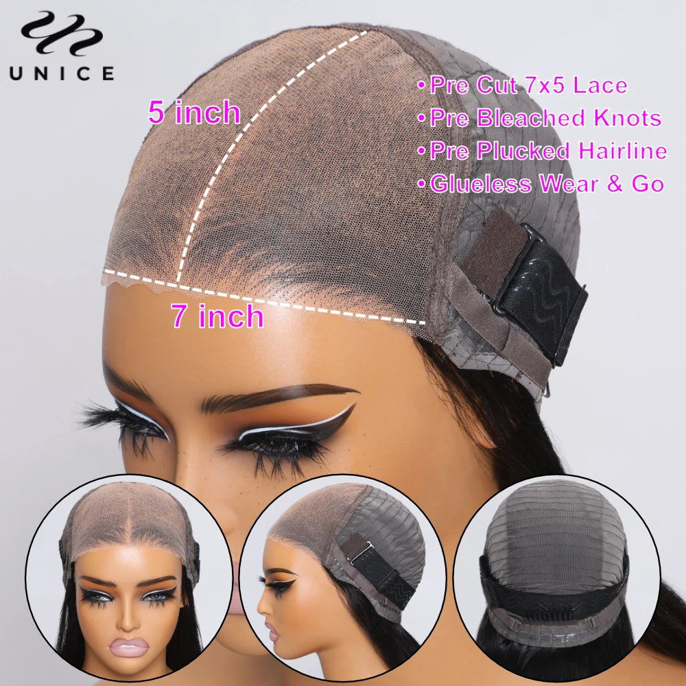 UNice Bye Bye Knots 7x5 Lace Straight Wig Pre Cut Pre Bleached Glueless Wig Human Hair Ready To Wear 150% Density 26Inch