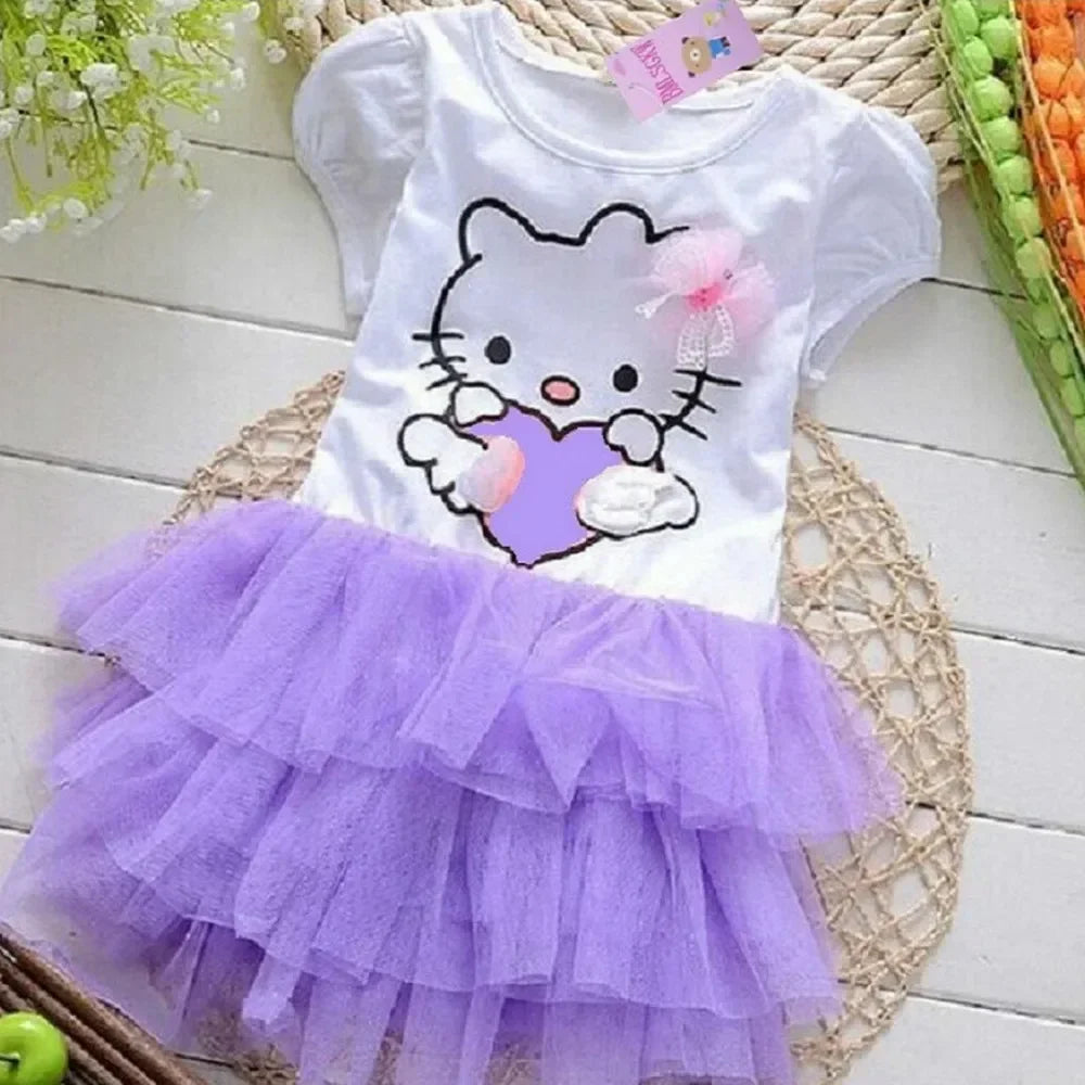 Sanrio hello kitty girls dress summer cute cartoon short-sleeved mesh cake dress princess dress tutu skirt