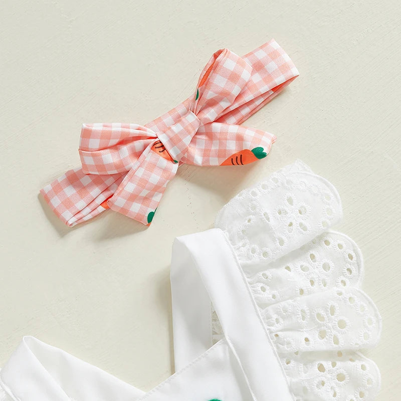 Baby Girl Easter Outfits Hollow Out Flying Sleeveless Square Neck Carrot Print Bodysuit with Bow Headband