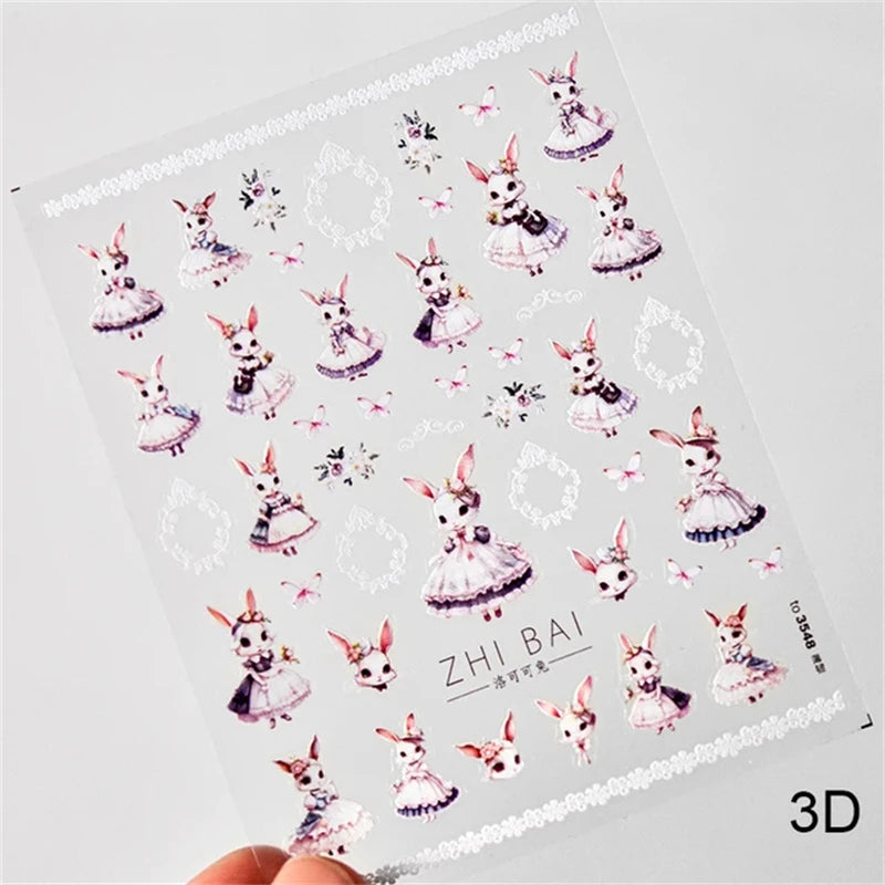 Noble Rococo Bunny Girl Pearl Butterfly Easter Egg Rabbit Soft Relief Self Adhesive 5D Nail Art Decoration Sticker 3D Nail Decal