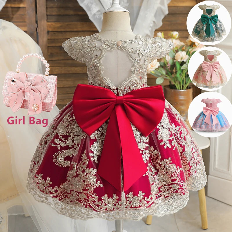 Embroidery Elegant Princess Dress for Girls Luxury Golden Lace Vintage Children Festival Party Gown Baby Formal Weddings Dresses