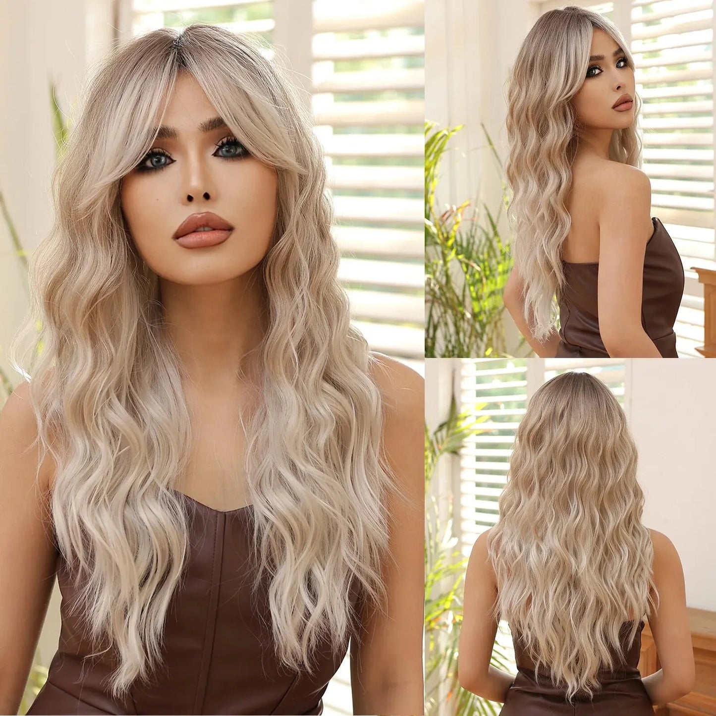 Blonde Ombre Synthetic Wigs with Long Bangs Long Curly Wavy Natural Hair Wigs for Afro Women Daily Party Heat Resistant