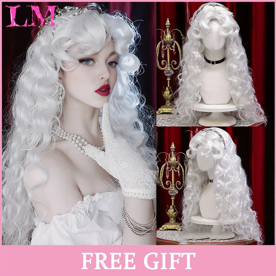 LM White Ombre Black Synthetic Wig for Women Long Curly Wave Wigs with Bangs Cosplay Party Heat Resistant Hair