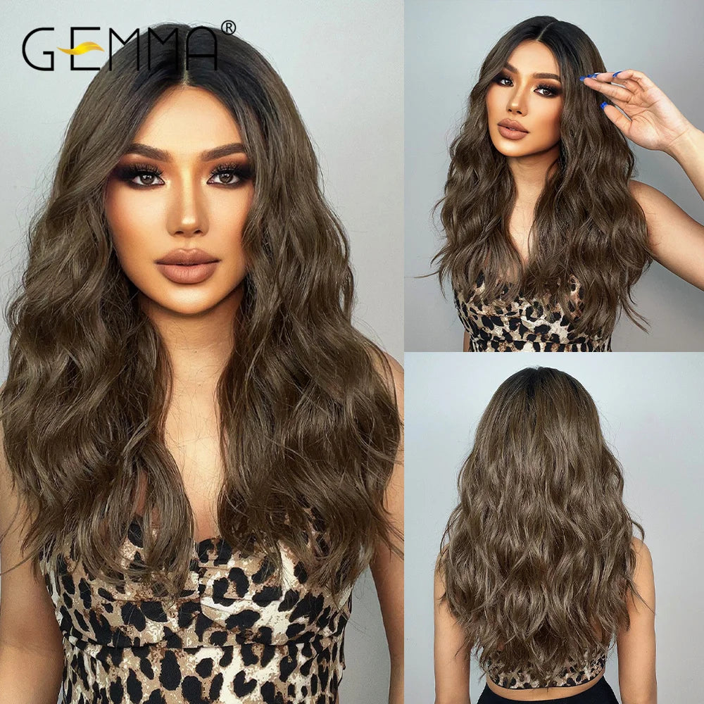 GEMMA Long Wavy Omber Brown Blonde Lace Front Wigs for Women Middle Part Lace Synthetic Wig Heat Resistant Cosplay Daily Hair