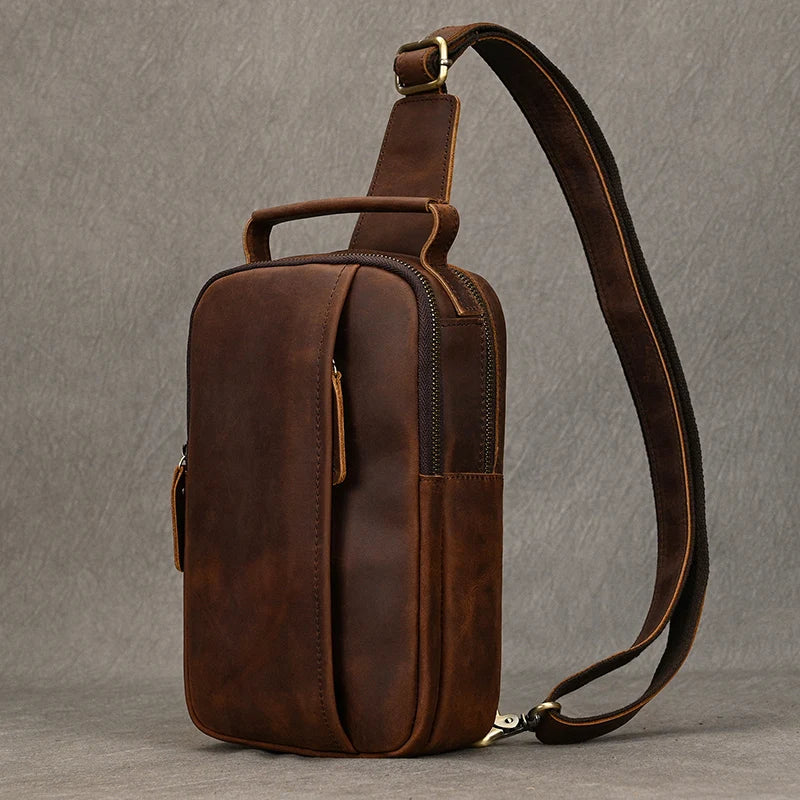 Casual Sport Bag Leather Chest Bags for Men iPad Mini Cow Leather One Shoulder Bags Male Anti Theft Chest Pack Sling Bag for Men