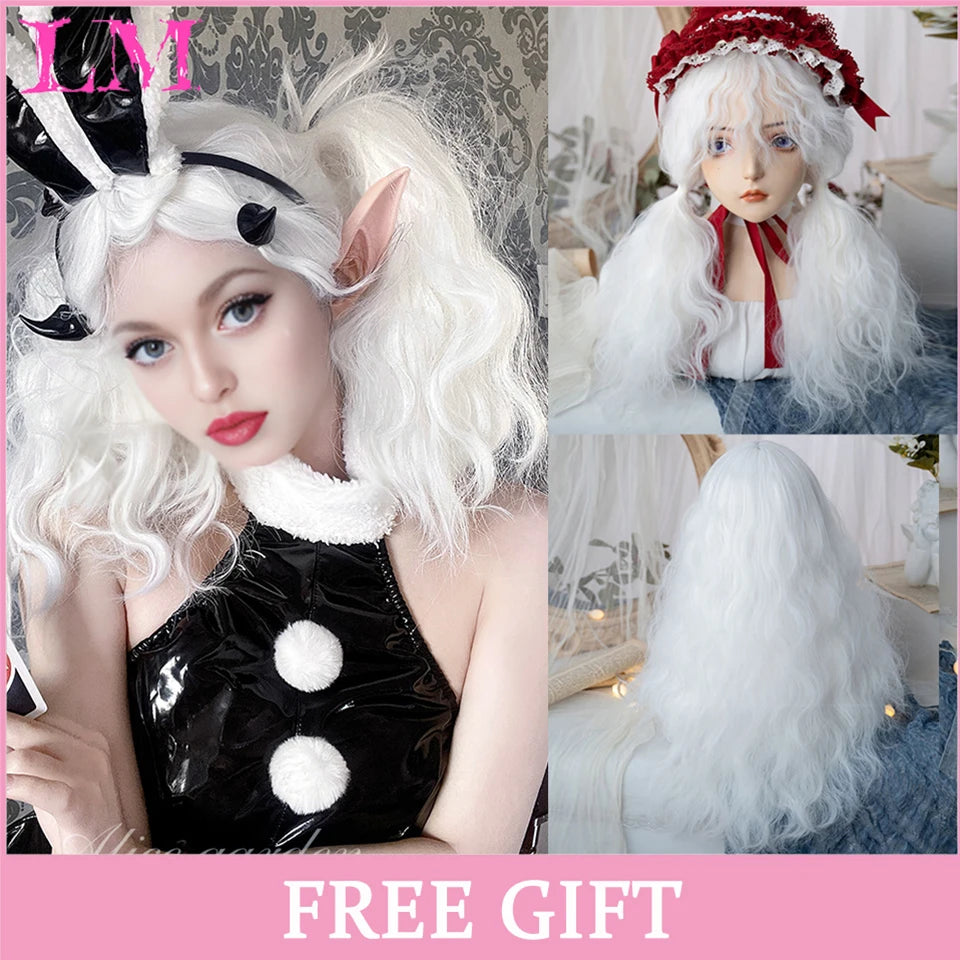 LM White Ombre Black Synthetic Wig for Women Long Curly Wave Wigs with Bangs Cosplay Party Heat Resistant Hair
