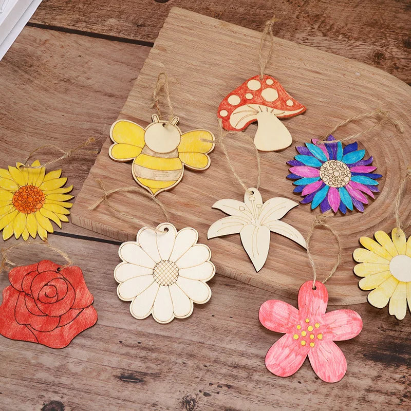 10pcs/set Easter Spring Wooden Ornament Insect Flower Hanging Pendants 2024 Spring Home Decorations DIY Gifts Wrapping Supplies