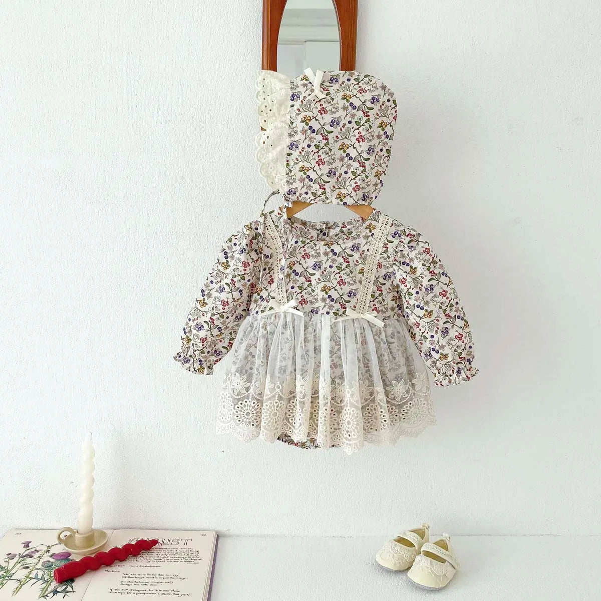 Newborn Girl Romper Lace Cut Out Floral Dress Long Sleeved+ Hat Baby Girl Bodysuit Baby Clothes 0-24 Months