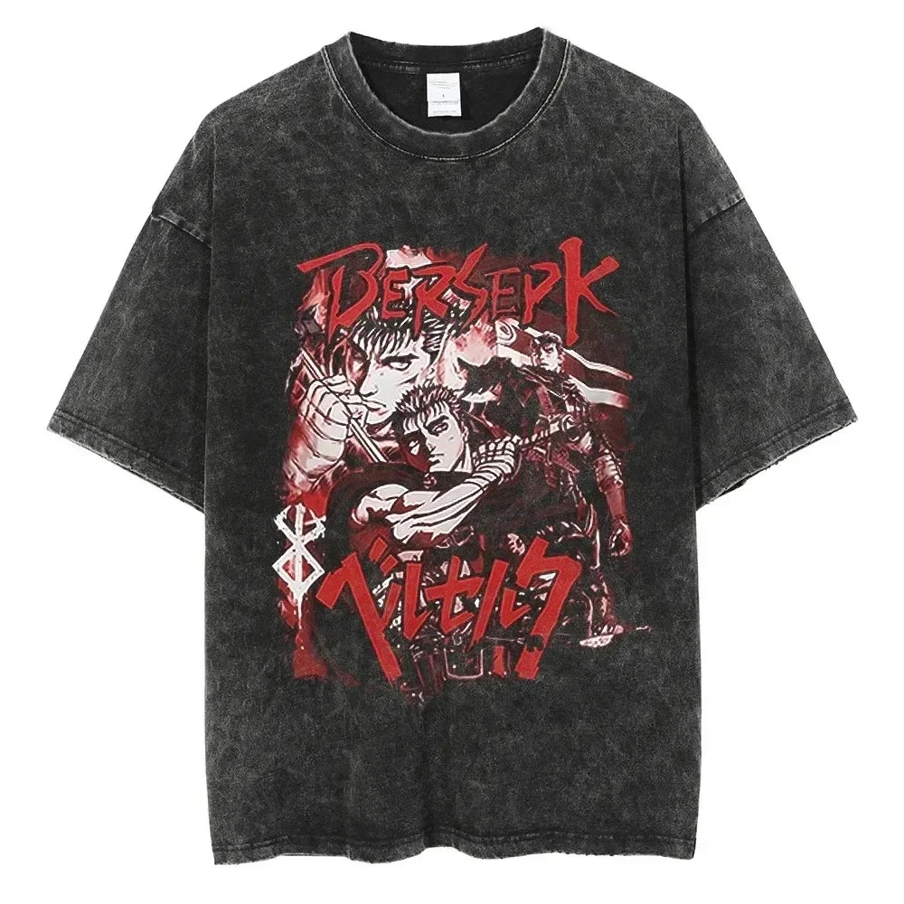 Berserk Print T Shirt Men Vintage Washed T-Shirt Anime Guts Graphic Tshirt Hiphop Streetwear Tees Summer Casual Berserk Clothes