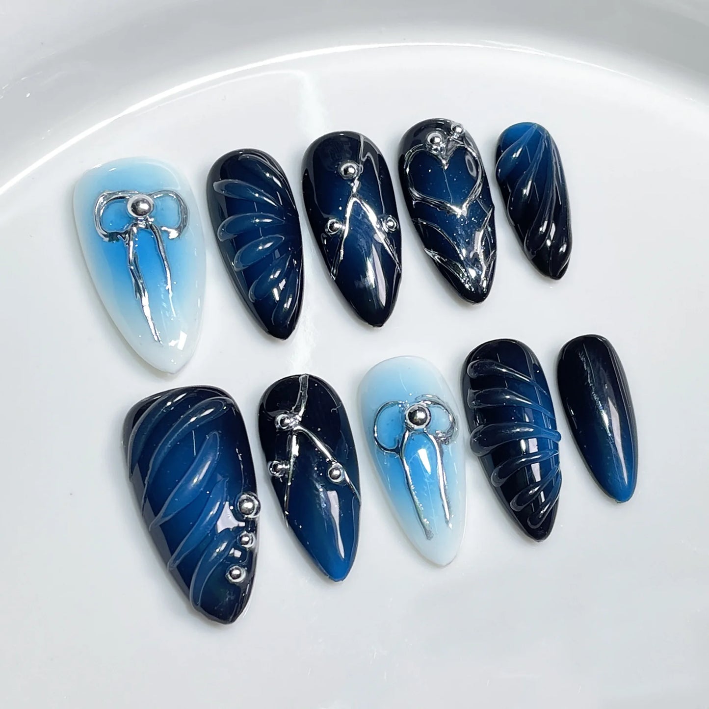 10Pcs French Almond Handmade Press on Nails Bowknot Fake Nails Wearable Stick-on Nails False Nail Накладные Ногти Faux Ongles
