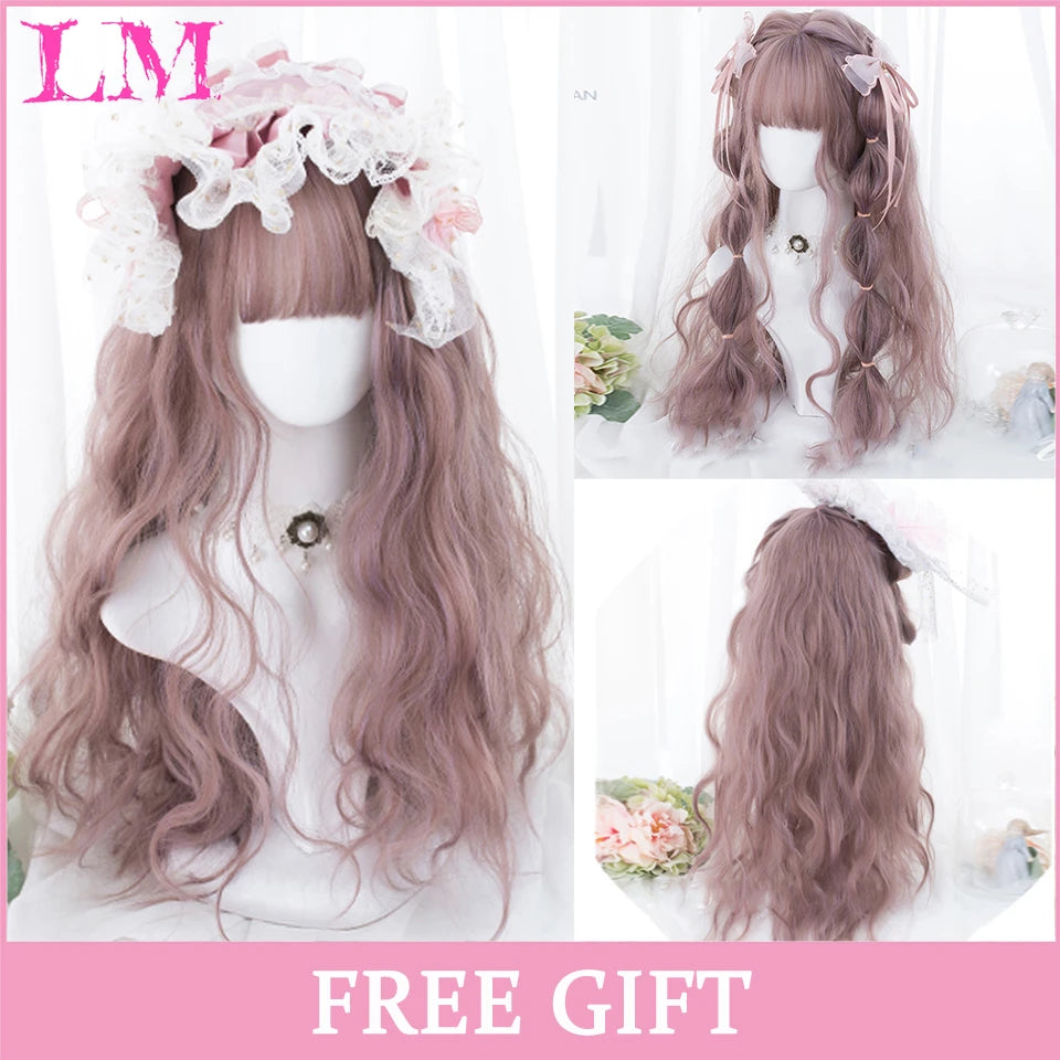 LM White Ombre Black Synthetic Wig for Women Long Curly Wave Wigs with Bangs Cosplay Party Heat Resistant Hair